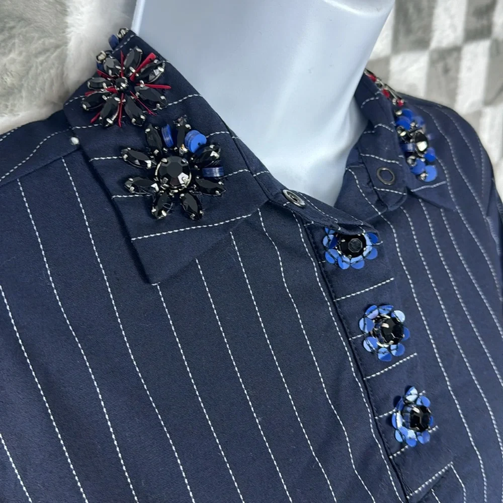 Banana Republic Pinstripe navy collared dress, rhinestone neckline pockets S - Picture 3 of 10